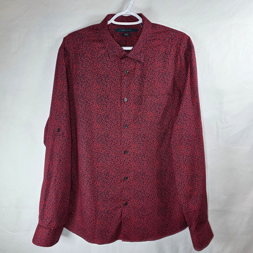 Perry Ellis Slim Fit Stretch Shirt Floral Red Navy | Mens XL Long Sleeve